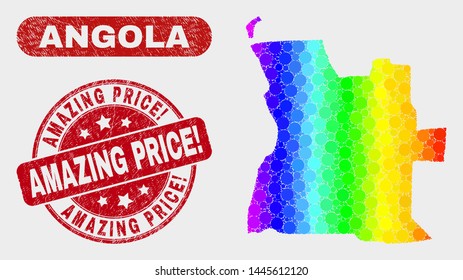 Spectral dot Angola map and seal stamps. Red rounded Amazing Price! distress seal stamp. Gradient spectrum Angola map mosaic of scattered small spheres. Amazing Price! seal with scratched texture.