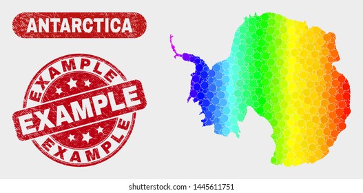 Spectral dot Antarctica continent map and rubber prints. Red round Example distress seal. Gradient spectral Antarctica continent map mosaic of scattered small spheres.