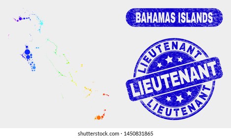 Spectral dot Bahamas Islands map and seal stamps. Blue rounded Lieutenant grunge seal. Gradiented spectral Bahamas Islands map mosaic of randomized small spheres. Lieutenant seal with grunged surface.