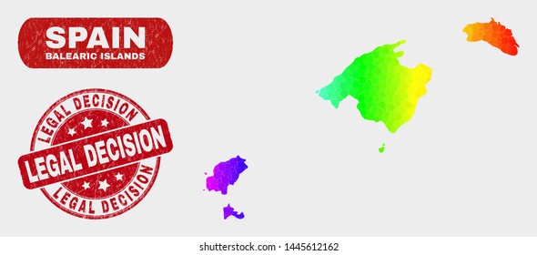 Spectral dot Balearic Islands map and seal stamps. Red round Legal Decision distress watermark. Gradient rainbow colored Balearic Islands map mosaic of scattered round elements.