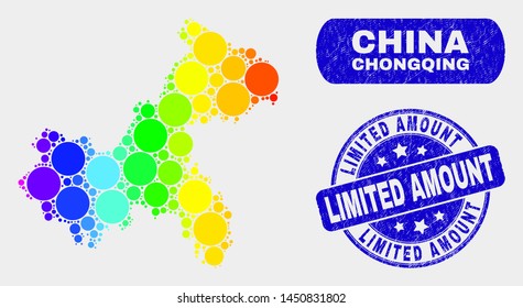 Spectral dot Chongqing City map and seals. Blue rounded Limited Amount textured watermark. Gradiented spectral Chongqing City map mosaic of randomized circle.