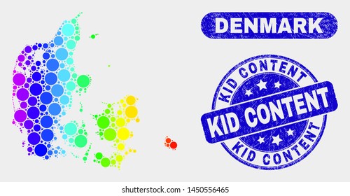 Spectral dot Denmark map and seal stamps. Blue round Kid Content distress seal stamp. Gradiented spectral Denmark map mosaic of random circle dots. Kid Content seal stamp with distress texture.