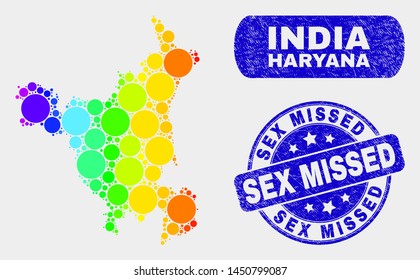 Spectral dot Haryana State map and rubber prints. Blue round Sex Missed scratched watermark. Gradiented spectral Haryana State map mosaic of scattered round elements.