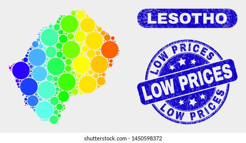 Spectral dot Lesotho map and seal stamps. Blue rounded Low Prices textured seal stamp. Gradient spectral Lesotho map mosaic of randomized circle dots. Low Prices imprint with grunged texture.