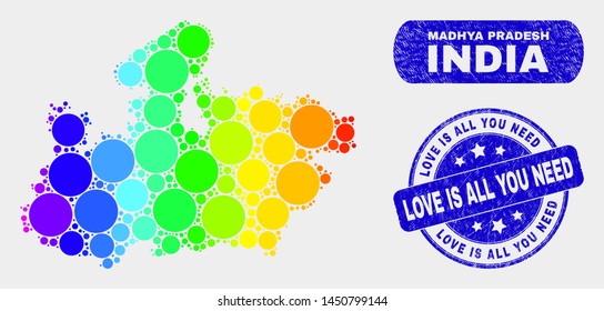 Spectral dot Madhya Pradesh State map and seal stamps. Blue round Love Is All You Need grunge seal stamp. Gradiented spectral Madhya Pradesh State map mosaic of randomized small circles.