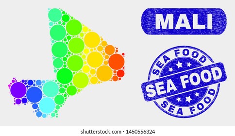 Spectral dot Mali map and stamps. Blue rounded Sea Food grunge stamp. Gradiented spectral Mali map mosaic of random spheric dots. Sea Food seal stamp with rubber surface.
