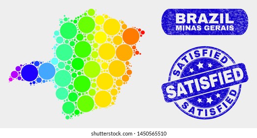 Spectral dot Minas Gerais State map and seal stamps. Blue rounded Satisfied textured seal stamp. Gradiented spectral Minas Gerais State map mosaic of random round dots.