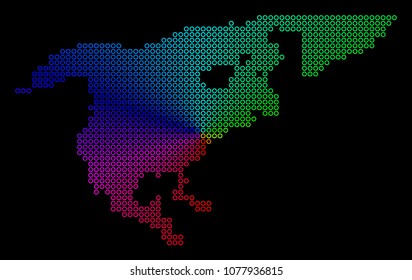 Spectral dot North America Map. Vector geographic map in bright spectral colors with circular gradient on a black background. Colored vector mosaic of North America Map done of regular round dots.