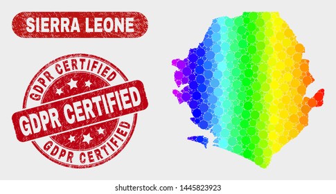 Spectral dot Sierra Leone map and rubber prints. Red rounded Gdpr Certified scratched seal stamp. Gradient spectral Sierra Leone map mosaic of random small spheres.