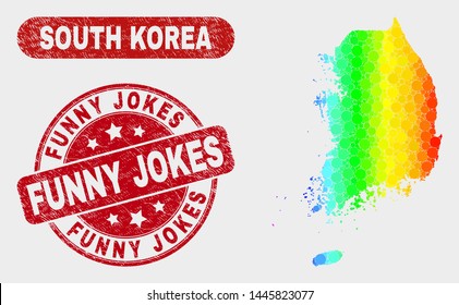 Spectral dot South Korea map and seals. Red rounded Funny Jokes distress seal stamp. Gradient spectral South Korea map mosaic of scattered circle elements.