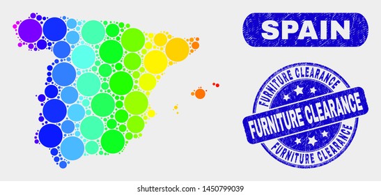 Spectral dot Spain map and seal stamps. Blue round Furniture Clearance grunge seal stamp. Gradiented spectral Spain map mosaic of randomized round elements.