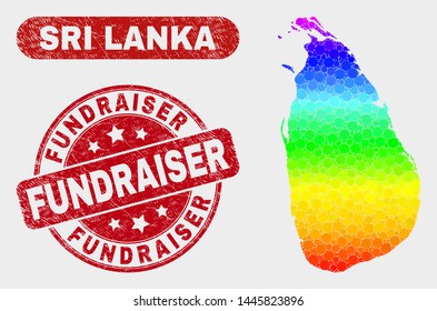 Spectral dot Sri Lanka map and seal stamps. Red round Fundraiser scratched stamp. Gradient spectral Sri Lanka map mosaic of random round elements. Fundraiser watermark with grunge surface.