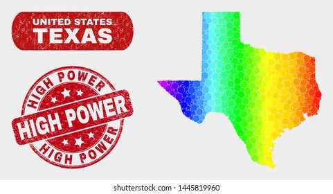 Spectral dot Texas State map and rubber prints. Red rounded High Power grunge seal stamp. Gradient spectral Texas State map mosaic of random small spheres. High Power seal stamp with dirty surface.