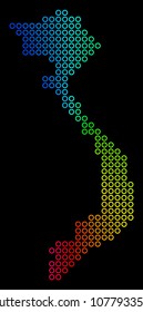 Spectral dot Vietnam Map. Vector geographic map in bright spectrum colors with circular gradient on a black background. Colored vector concept of Vietnam Map constructed of regular small circles.