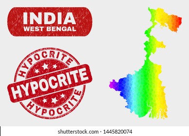 Spectral dot West Bengal State map and seal stamps. Red round Hypocrite grunge seal stamp. Gradient spectral West Bengal State map mosaic of random circle dots. Hypocrite stamp with dirty texture.