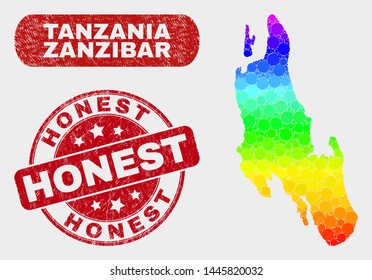 Spectral dot Zanzibar Island map and watermarks. Red round Honest textured seal stamp. Gradient rainbow colored Zanzibar Island map mosaic of random round elements.