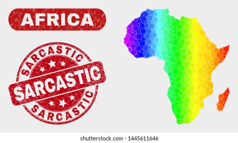 Spectral dotted Africa map and seal stamps. Red round Sarcastic distress stamp. Gradient spectral Africa map mosaic of randomized small circles. Sarcastic seal stamp with distress texture.