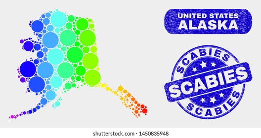 Spectral dotted Alaska map and seals. Blue round Scabies scratched seal stamp. Gradiented spectral Alaska map mosaic of random round elements. Scabies seal with scratched surface.