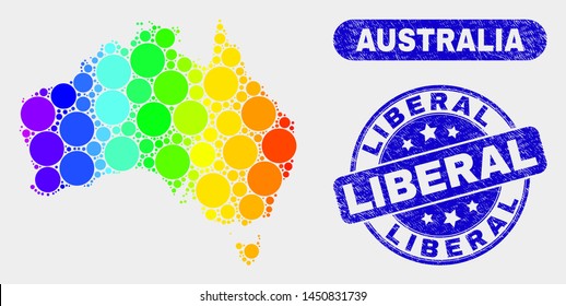 Spectral dotted Australia map and seal stamps. Blue rounded Liberal grunge seal stamp. Gradiented spectral Australia map mosaic of randomized spheric dots. Liberal seal stamp with distress surface.