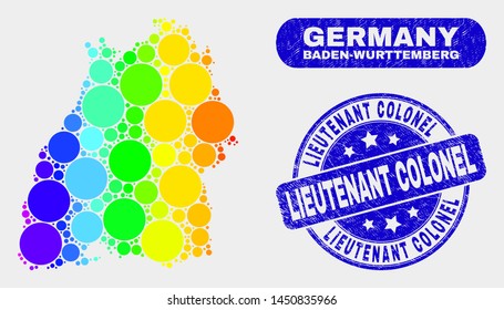 Spectral dotted Baden-Wurttemberg Land map and stamps. Blue rounded Lieutenant Colonel grunge seal stamp. Gradiented spectral Baden-Wurttemberg Land map mosaic of random circle.