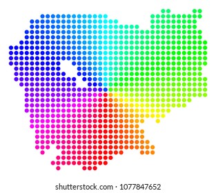 Spectral dotted Cambodia Map. Vector geographic map in bright spectrum colors with circular gradient. Multicolored vector mosaic of Cambodia Map designed of regular circle elements.