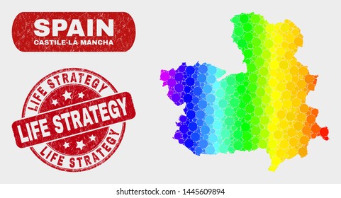 Spectral dotted Castile-La Mancha Province map and seals. Red round Life Strategy scratched stamp. Gradient spectral Castile-La Mancha Province map mosaic of random round elements.