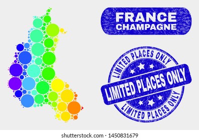 Spectral dotted Champagne Province map and seal stamps. Blue round Limited Places Only textured seal. Gradiented spectrum Champagne Province map mosaic of random round elements.