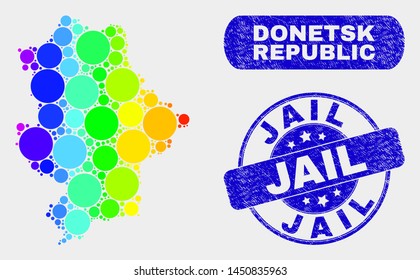 Spectral dotted Donetsk Republic map and seal stamps. Blue round Jail distress seal. Gradient rainbow colored Donetsk Republic map mosaic of random circle dots. Jail seal with distress texture.