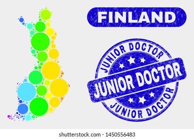 Spectral dotted Finland map and seals. Blue round Junior Doctor scratched seal. Gradient spectral Finland map mosaic of random round dots. Junior Doctor seal with grunged surface.