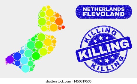 Spectral dotted Flevoland Province map and rubber prints. Blue round Killing textured seal. Gradient spectral Flevoland Province map mosaic of scattered round spots.