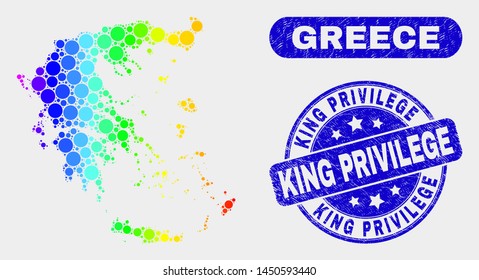 Spectral dotted Greece map and seal stamps. Blue rounded King Privilege distress stamp. Gradiented spectral Greece map mosaic of randomized circle elements.
