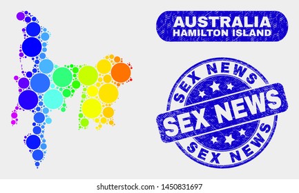 Spectral dotted Hamilton Island map and seal stamps. Blue round Sex News scratched seal stamp. Gradient rainbow colored Hamilton Island map mosaic of random round spots.