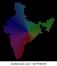 Spectral dotted India Map. Vector geographic map in bright spectrum colors with circular gradient on a black background. Color vector mosaic of India Map created of regular circle dots.