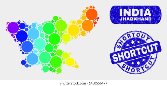Spectral dotted Jharkhand State map and rubber prints. Blue rounded Shortcut grunge seal. Gradiented spectral Jharkhand State map mosaic of random spheric dots.