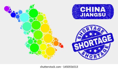 Spectral dotted Jiangsu Province map and rubber prints. Blue round Shortage distress seal. Gradiented spectral Jiangsu Province map mosaic of scattered circle dots.