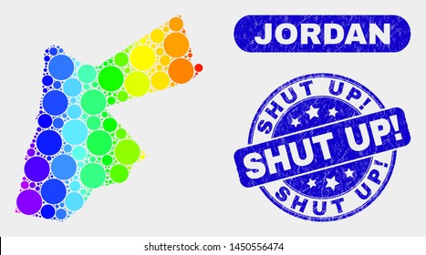 Spectral dotted Jordan map and seal stamps. Blue round Shut Up! distress seal stamp. Gradient spectral Jordan map mosaic of randomized circle elements. Shut Up! seal stamp with grunged surface.