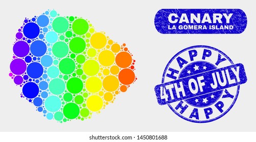 Spectral dotted La Gomera Island map and stamps. Blue round Happy 4Th of July grunge seal stamp. Gradiented spectral La Gomera Island map mosaic of randomized round spots.