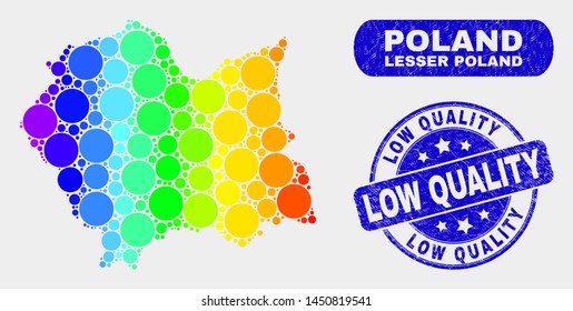 Spectral dotted Lesser Poland Voivodeship map and seal stamps. Blue round Low Quality distress seal. Gradiented spectrum Lesser Poland Voivodeship map mosaic of scattered round dots.