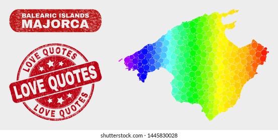 Spectral dotted Majorca map and seal stamps. Red round Love Quotes textured seal stamp. Gradient spectral Majorca map mosaic of randomized small spheres. Love Quotes stamp with distress texture.