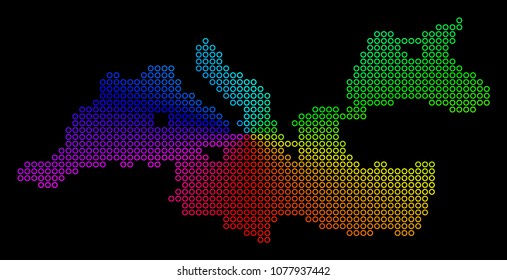 Spectral dotted Mediterranean Sea Map. Vector geographic map in bright spectrum colors with circular gradient on a black background.