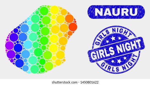 Spectral dotted Nauru map and rubber prints. Blue round Girls Night scratched seal. Gradiented spectral Nauru map mosaic of randomized round dots. Girls Night imprint with dirty surface.