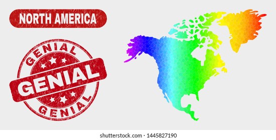 Spectral dotted North America map and seal stamps. Red round Genial textured stamp. Gradient spectrum North America map mosaic of scattered round dots. Genial stamp with scratched surface.