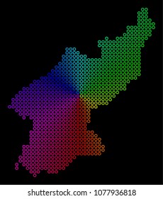 Spectral dotted North Korea Map. Vector geographic map in bright rainbow colors with circular gradient on a black background. Colorful vector pattern of North Korea Map done of regular round dots.