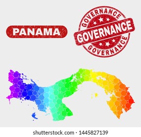 Spectral dotted Panama map and seal stamps. Red rounded Governance distress seal stamp. Gradient spectral Panama map mosaic of randomized circle elements.