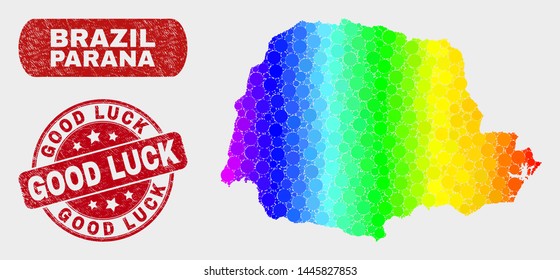 Spectral dotted Parana State map and stamps. Red round Good Luck grunge seal stamp. Gradient spectral Parana State map mosaic of scattered circle. Good Luck seal stamp with scratched surface.
