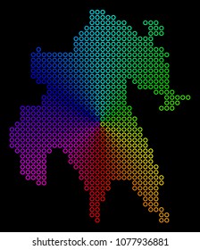 Spectral dotted Peloponnese Half-Island Map. Vector geographic map in bright spectral colors with circular gradient on a black background.