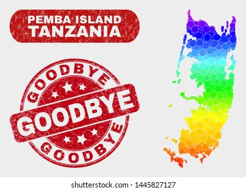 Spectral dotted Pemba island map and seals. Red round Goodbye grunge seal stamp. Gradient spectral Pemba island map mosaic of randomized small spheres. Goodbye seal stamp with distress texture.