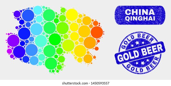 Spectral dotted Qinghai Province map and seals. Blue round Gold Beer scratched seal stamp. Gradient spectrum Qinghai Province map mosaic of scattered round spots.