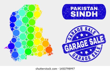 Spectral dotted Sindh Province map and seals. Blue round Garage Sale textured seal. Gradiented spectral Sindh Province map mosaic of randomized round dots. Garage Sale seal with dirty surface.
