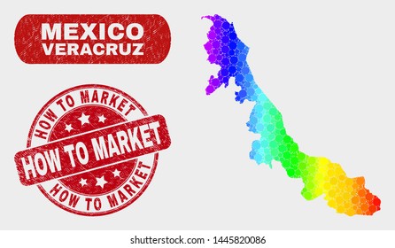 Spectral dotted Veracruz State map and seals. Red round How to Market grunge watermark. Gradient spectral Veracruz State map mosaic of random round dots. How to Market seal with grunge surface.